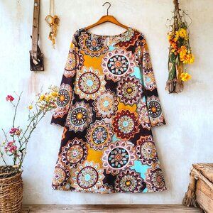 42Pops Brand Tunic Dress. Mustard, Turquoise, Brown Multi Mandala Print. Size XL